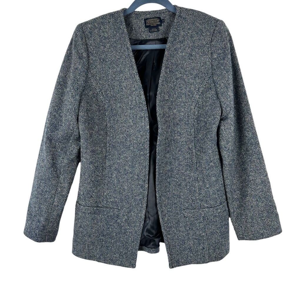 Pendleton Sz S NWT Women's Gray Blue Open Front Long‎ Sleeve Wool Blazer